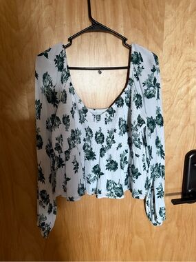 Hollister White Blouse with Green Floral Print